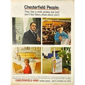 Chesterfield King Cigarettes "tastes great-yet smokes so mild" Vtg Print Ad 1964